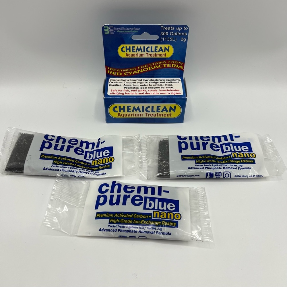 NIP Chemiclean Aquarium Treatment & 3 Chem-Pure Blue Nano Packs Salt Water Tanks